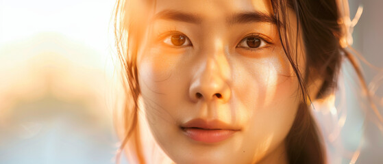 A serene face bathed in golden sunlight, capturing a quiet and reflective moment.