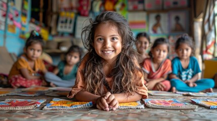 Child joyfully learning and welcoming classroom environment. 