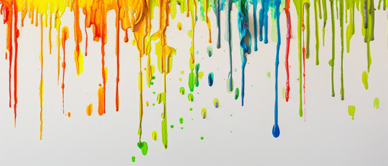 Vibrant drips of multicolored paint streaming down a white canvas, creating a lively and dynamic rainbow effect.