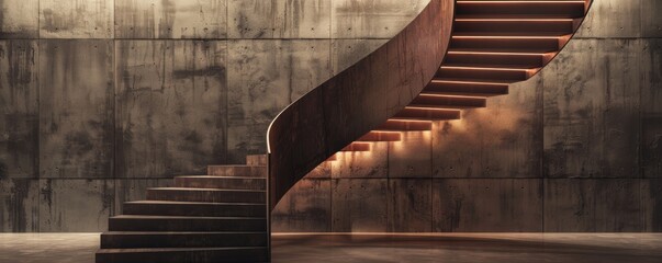 Architectural spiral staircase with ambient lighting in modern industrial interior