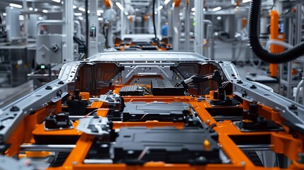 Fototapeta premium EV Production Line on Advanced Automated Smart Factory High Performance Electric Car Manufacturing Car Batteries being Attached to Electric Vehicles on Assembly line AGV Transport Batt : Generative AI