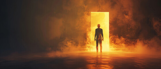 A solitary figure stands before an illuminated doorway, bathed in a warm, ethereal glow, surrounded by an eerie mist.