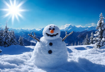 Funny snowman in winter mountain scenery. Merry christmas and happy new year.