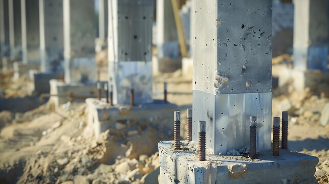 Concrete pilasters in a construction site Structural columns of foundations ready to build a metalic structure Footings with metal plates and bolts for metalic pillars Steel structure  : Generative AI