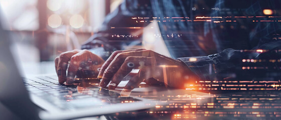 Hands typing on a laptop keyboard with overlaying holographic digital graphics, suggesting intensive technical work.
