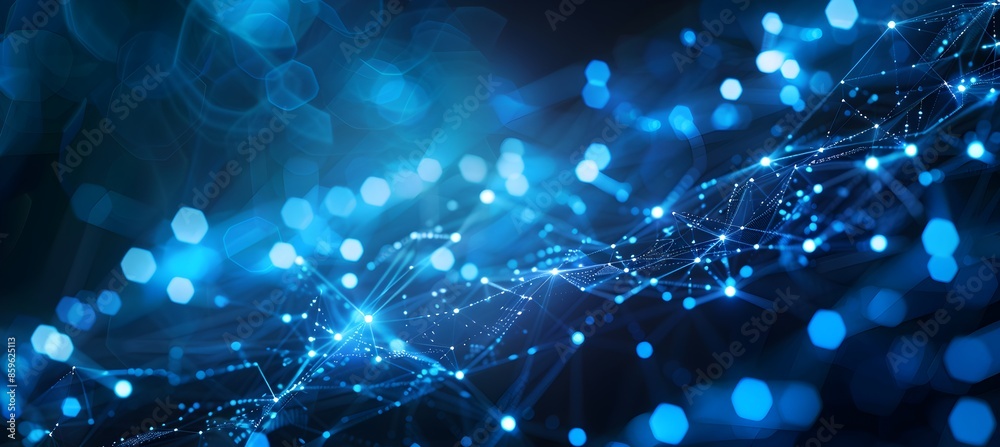 Poster abstract blue background with white dots and lines forming an interconnected network pattern on the 