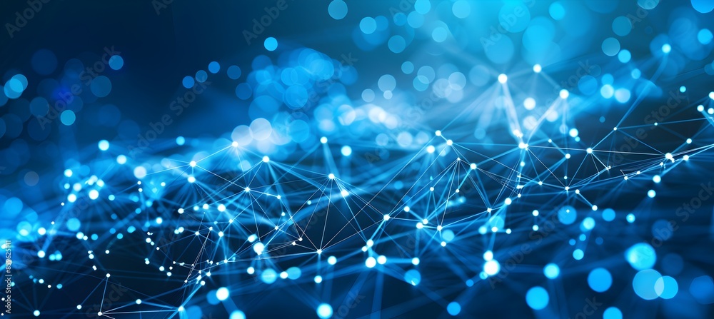 Poster abstract blue background with white dots and lines forming an interconnected network pattern on the 