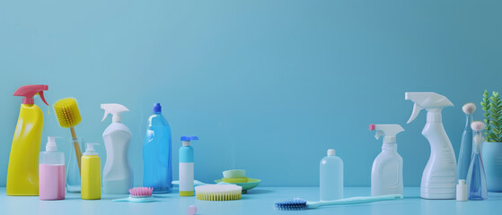 An array of cleaning supplies neatly lined up on a light blue surface against a matching light blue backdrop.