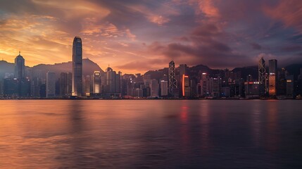 Fototapeta premium View of Hong Kong skyline with financial district at sunset along the Victoria Harbour and Kowloon Bay Hong Kong China : Generative AI