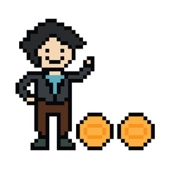 Obraz premium Cute pixel cartoon 8bit character business man businessman smart game vector for decoration business 8 bit male career smart character game vector.