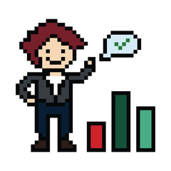 Obraz premium Cute pixel cartoon 8bit character business man businessman smart game vector for decoration business 8 bit male career smart character game vector.