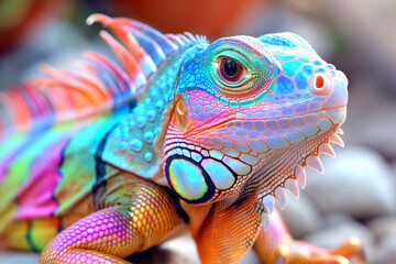 Fototapeta premium This image showcases a close-up view of a iguana with bright and colorful scales, highlighting the intricate and fascinating details of its skin.