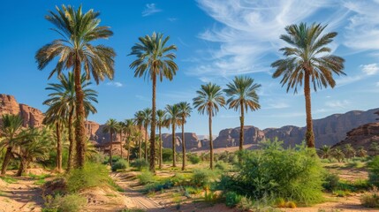 Fototapeta premium Palm trees on the Heritage Trail in Alula Oasis, Alula, Kingdom of Saudi Arabia 