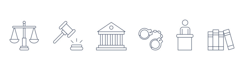 Law, legal and justice system vector thin line icon collection on white background