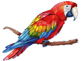 Obraz premium A vibrant red, yellow, and blue macaw parrot perched on a branch. The bird's feathers are detailed and realistic, with a white beak and blue face.