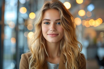 Obraz premium Young Woman With Blonde Hair Smiling in a Cafe