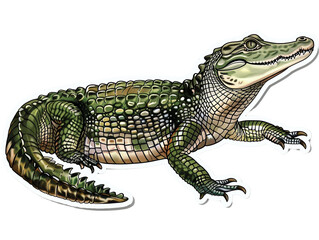Obraz premium A small alligator with green scales and a toothy grin, isolated on a white background.