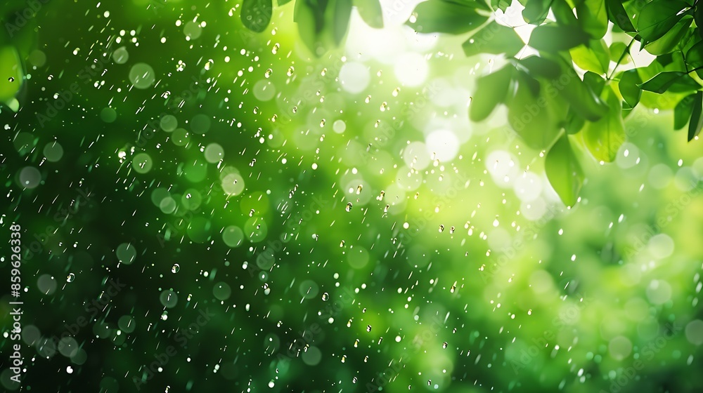 Leinwandbilder rain drops on the window with blurred green trees in background autumn concept : generative ai