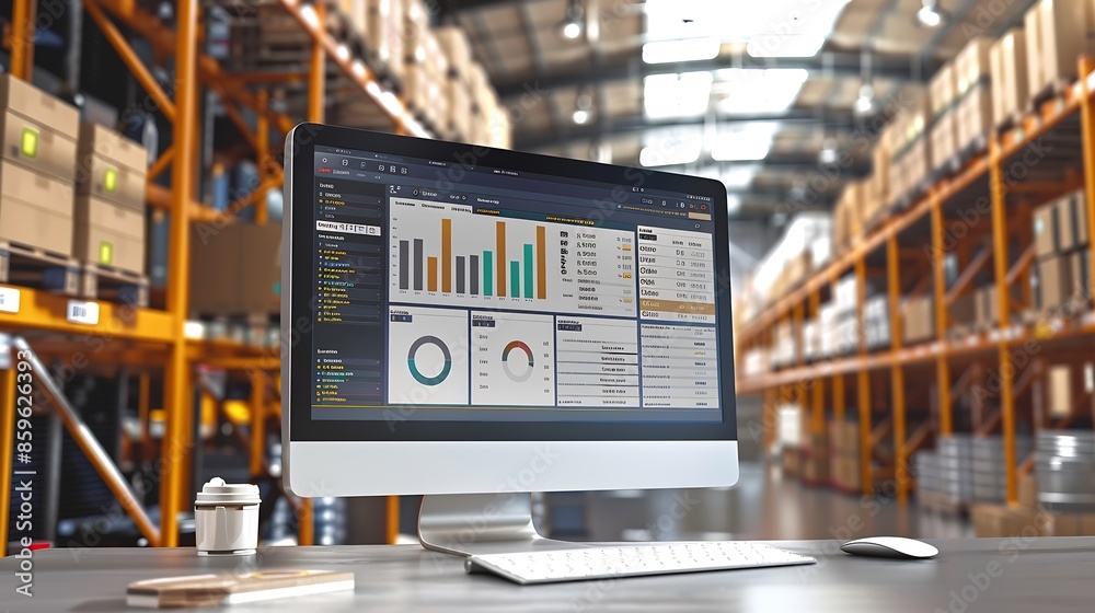 Aufkleber Warehouse management innovative software in computer for real time monitoring of goods package delivery  Computer screen showing smart inventory dashboard for storage and supply chain  : Generative AI