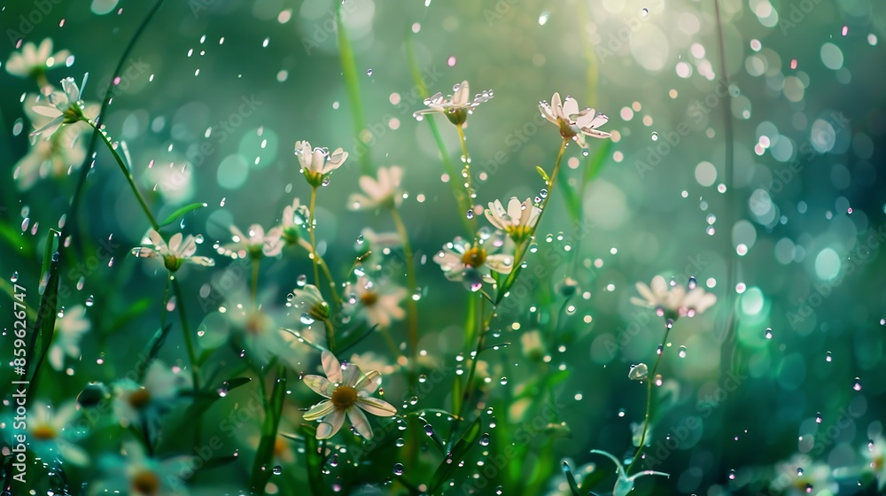 Poster spring wild flowers rain drops abstract background : generative ai