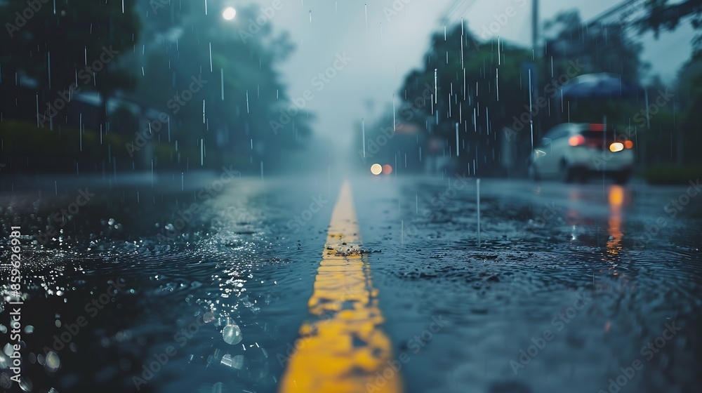 Poster rain was falling on the roadway due to precipitation that was forming after depression hit thailand 