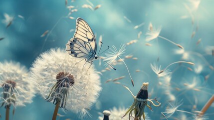 Dandelion seeds and Morpho butterfly against a blue sky