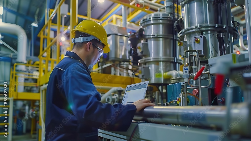 Poster Industrial man engineer wear uniform and helmet using laptop are checking system machine at factory Workers industrial factory Machine maintenance technician operation concept : Generative AI