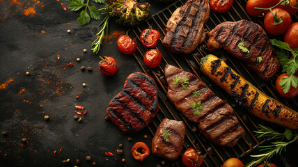 BBQ background with grilled meats and vegetable.  top view.