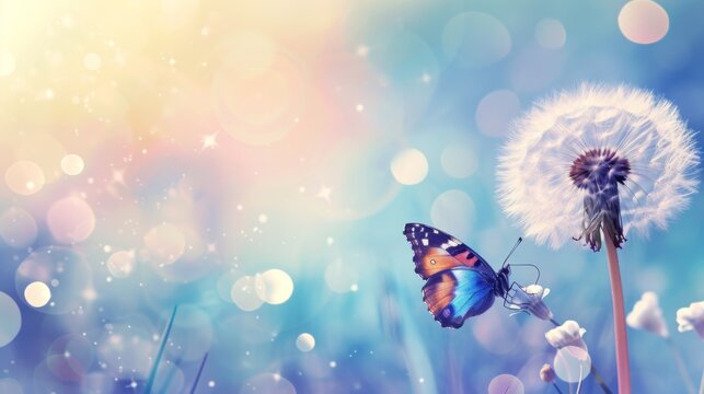 Fototapeta Pastel background with a dandelion and Morpho butterfly