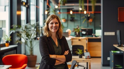 Fototapeta premium Portrait woman and pride in modern office with team for project management collaboration and startup company Graphic designer synergy and female person in creative agency for business : Generative AI