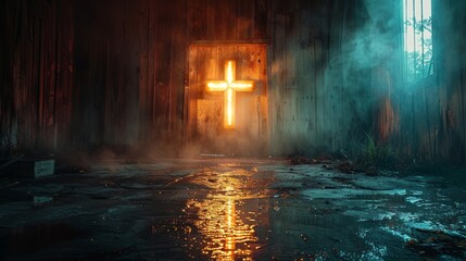 Fototapeta premium Abandoned wooden room with glowing cross and foggy atmosphere, eerie and haunting concept