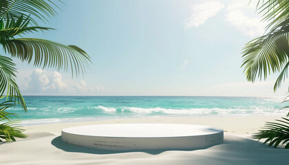 Beach podium summer background sand product 3D sea display platform. Beach podium summer stand scene sale sky holiday vacation stage water island sun travel pedestal promotion presentation