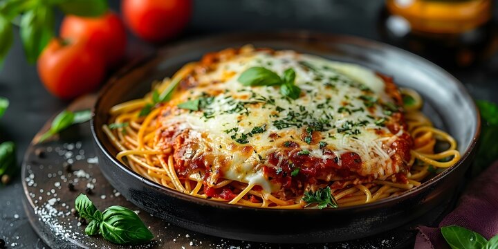 Milanesa a la Argentina con salsa de tomate y queso servida sobre espaguetis. Concept &iquest;Necesitas ayuda con recetas o consejos de cocina?