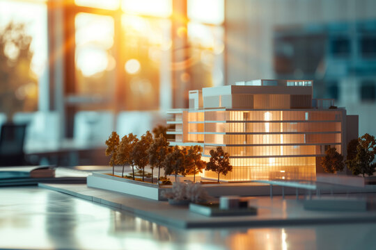 Detailed miniature office building model on plain surface with architectual office in the background