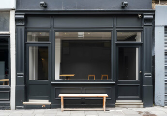 black painted storefront , brick wall facade