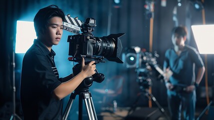 Emotional asian actor performing role while second assistant camera holding clapperboard on stage selective focus Film industry : Generative AI