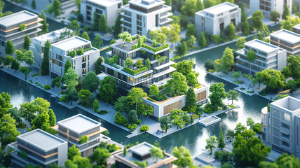 Detailed isometric diagram of a modern urban neighborhood, featuring residential buildings, parks, and commercial areas, with a focus on sustainable design. 