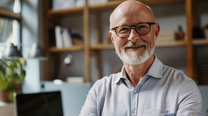 Fototapeta premium Portrait of confident businessman in business casual Happy middle aged mid adult mature age man smiling Entrepreneur in modern office : Generative AI