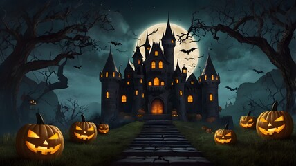 Halloween background with castle and pumpkin.