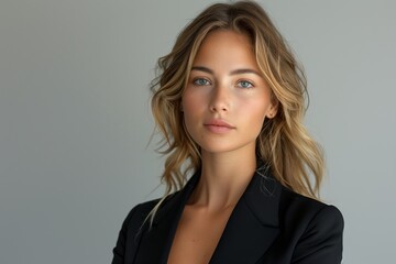 Naklejka premium Woman With Long Blonde Hair Posing in Black Blazer Against a Grey Background