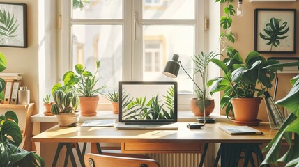 Fototapeta premium A bright home office with a laptop and greenery