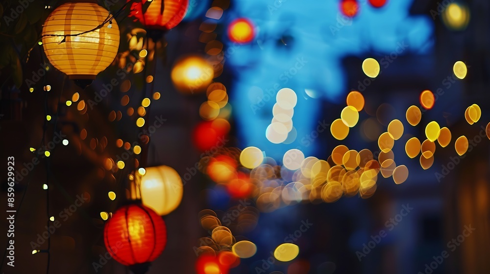 Poster the lights of the night city blurred background lanterns on the street big city lights in the twilig
