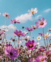 Pink And White Cosmos Flowers In A Field