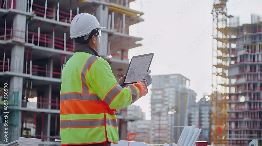 Poster foreman engineer or architect with safety helmet holding laptop and blueprints for inspection detail