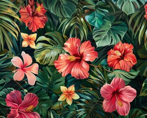 Vibrant Tropical Floral Wallpaper with Lush Foliage and Intricate Patterns