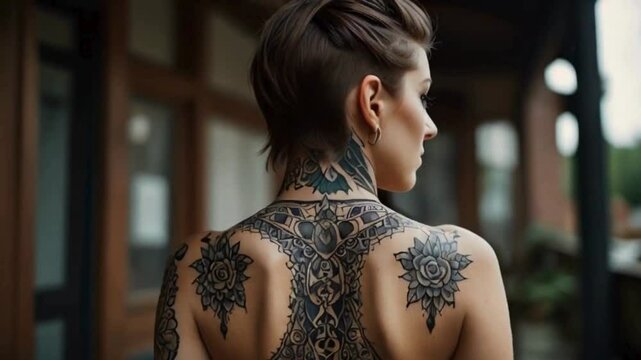 rear view of young woman with tattooed back