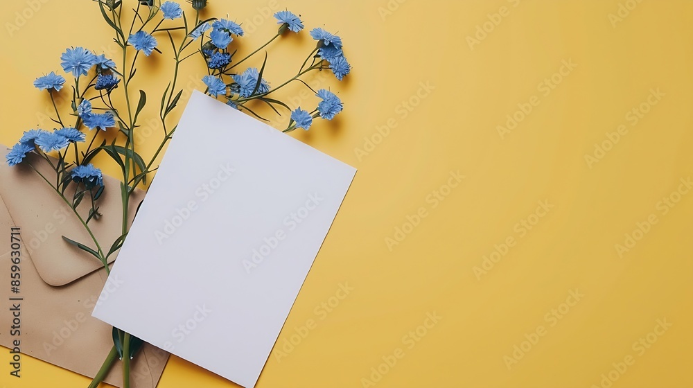 Poster mockup white greeting card and envelope with blue flowers and yellow background : generative ai