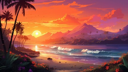 Vibrant cartoon sunset beach scene with palm trees, mountains, and waves