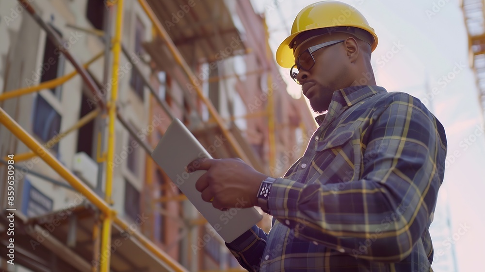 Poster Black man in construction tablet and architect working on floor plan inspection and maintenance job outdoor Check digital blueprint for architecture project design software and quality : Generative AI