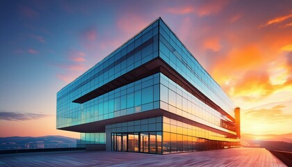 Obraz premium A striking image of a modern building with unique architectural features such as glass facades, geometric shapes, and sleek lines, captured in daylight.